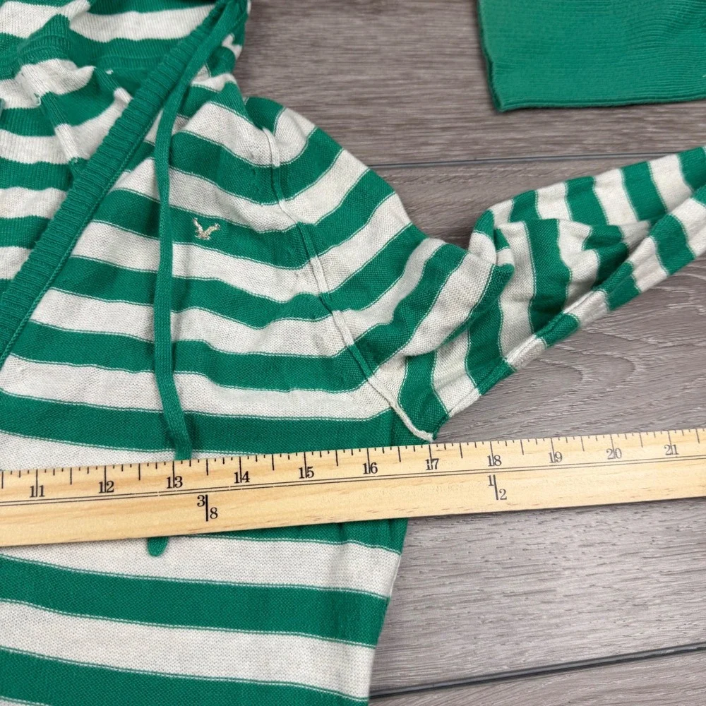 American Eagle Women Hoodie Sweater Striped V-Neck Knit Green White M